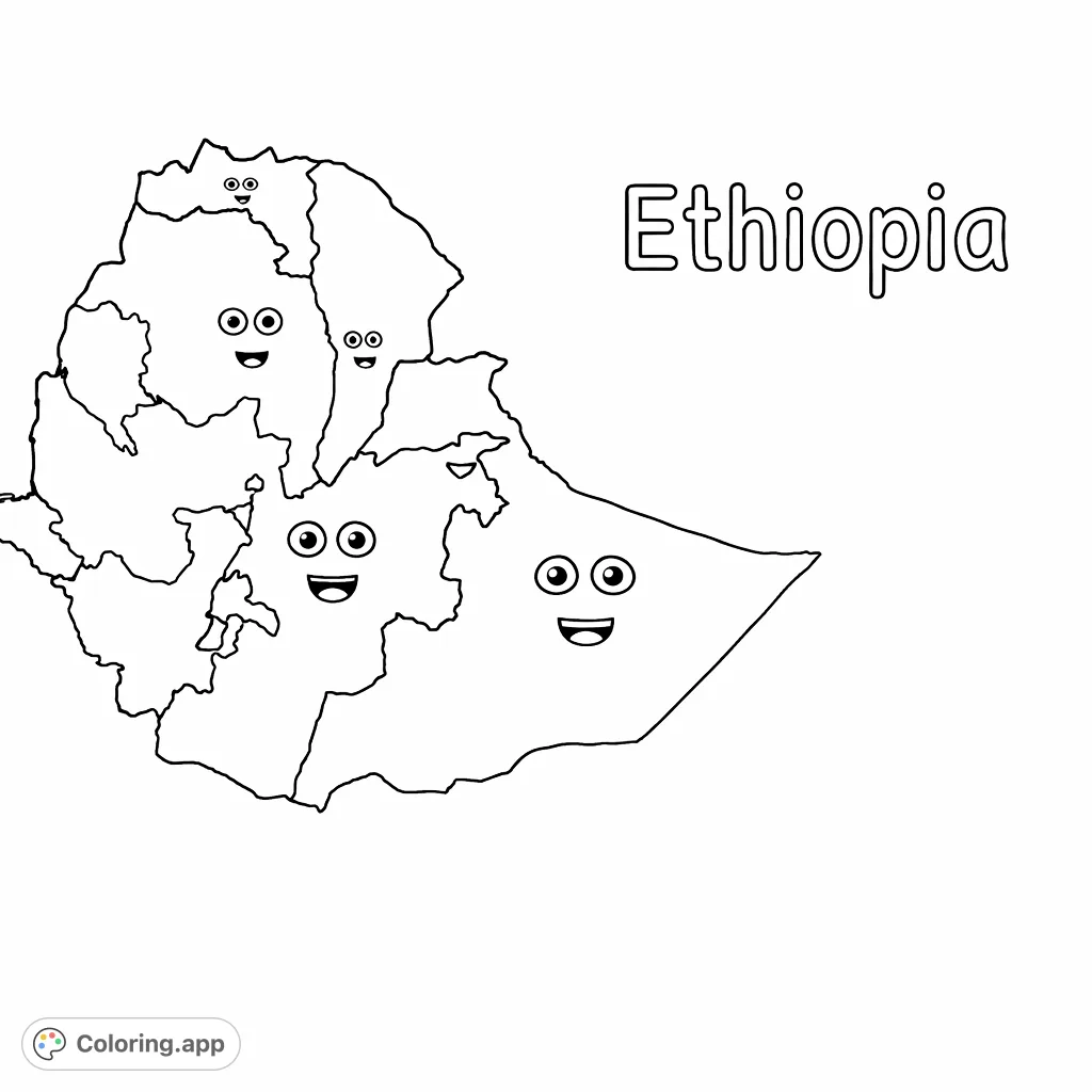 A fun and educational Ethiopian map coloring page featuring cartoon-faced regions. Explore geography with engaging, smiling national segments for kids and adults.