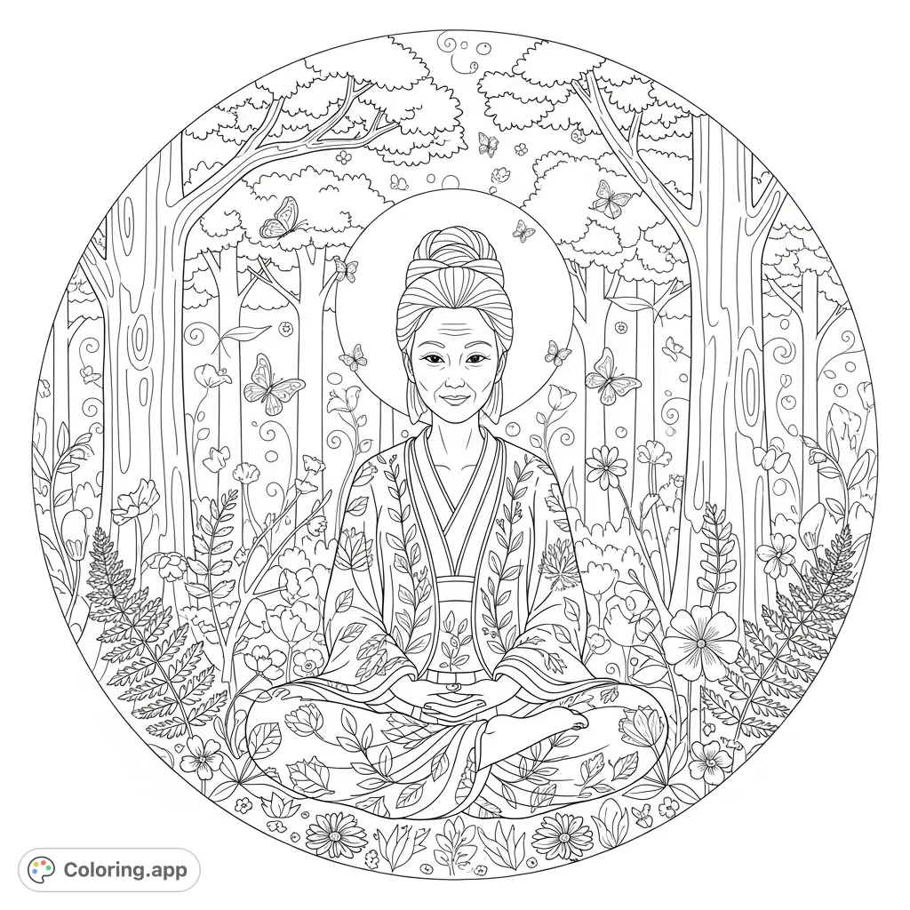 Discover tranquility with this serene East Asian forest goddess coloring page, nestled within a symmetrical mandala of nature. Perfect for mindful coloring.