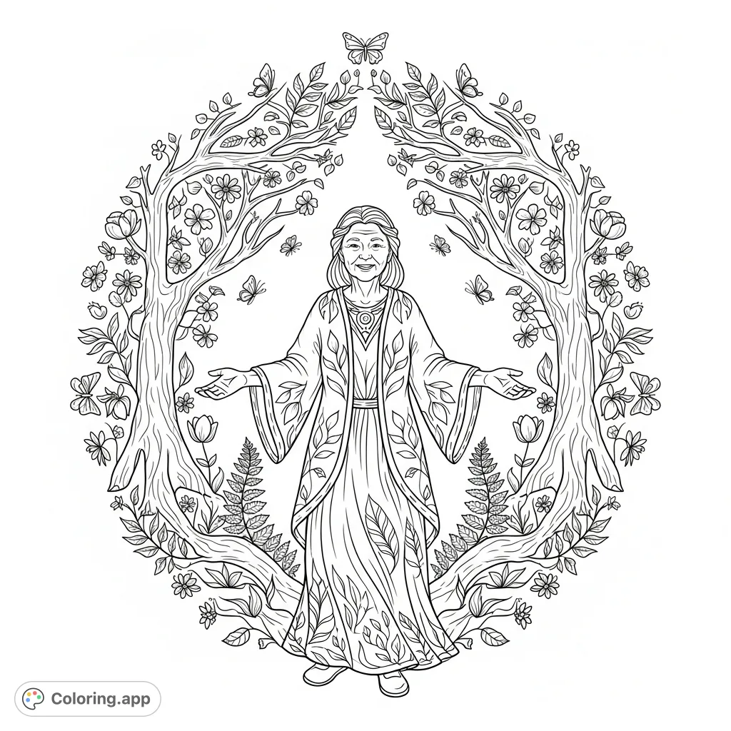 A serene forest goddess, radiant with peace, at the heart of an intricate mandala of flora and fauna. Perfect for a calming creative escape.