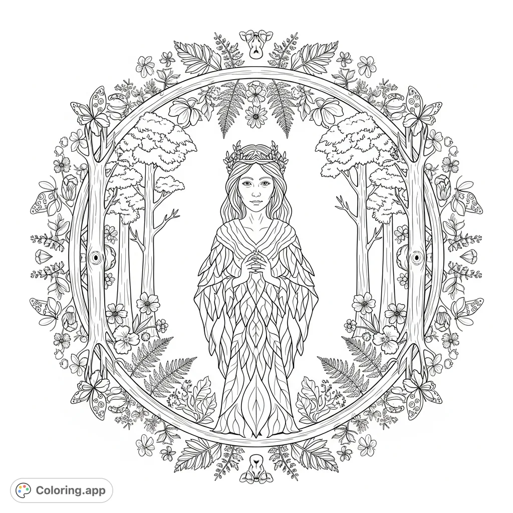 A serene forest goddess at the heart of a symmetrical mandala, surrounded by detailed woodland elements like trees, ferns, flowers, and graceful butterflies.