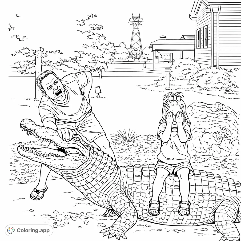 A playful scene with a man dramatically interacting with an alligator statue while a child sits happily on its back, perfect for imaginative coloring.