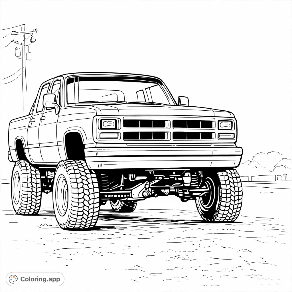 Detail-rich lifted truck coloring page for enthusiasts. Features a robust design with large tires and a powerful stance, perfect for custom colors.