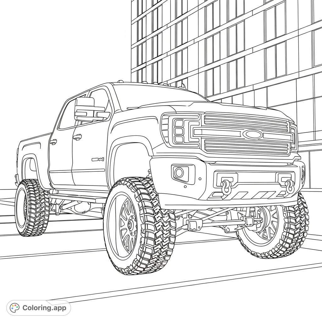 Color a powerful lifted pickup truck with aggressive off-road tires, custom rims, and a modern building background. Perfect for automotive enthusiasts.