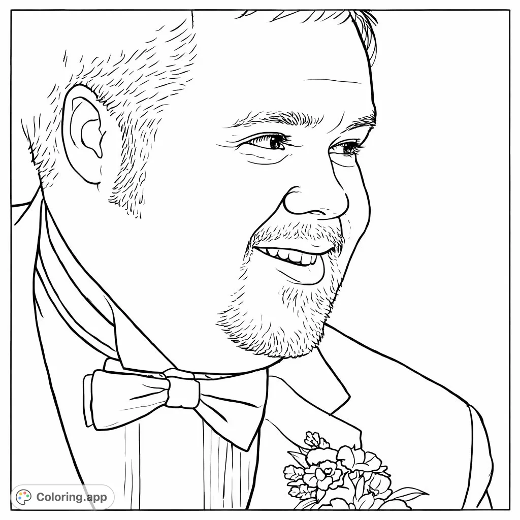 Capture a distinguished man in a tuxedo with a warm smile and boutonnière. A sophisticated portrait perfect for detailed coloring and personal expression.