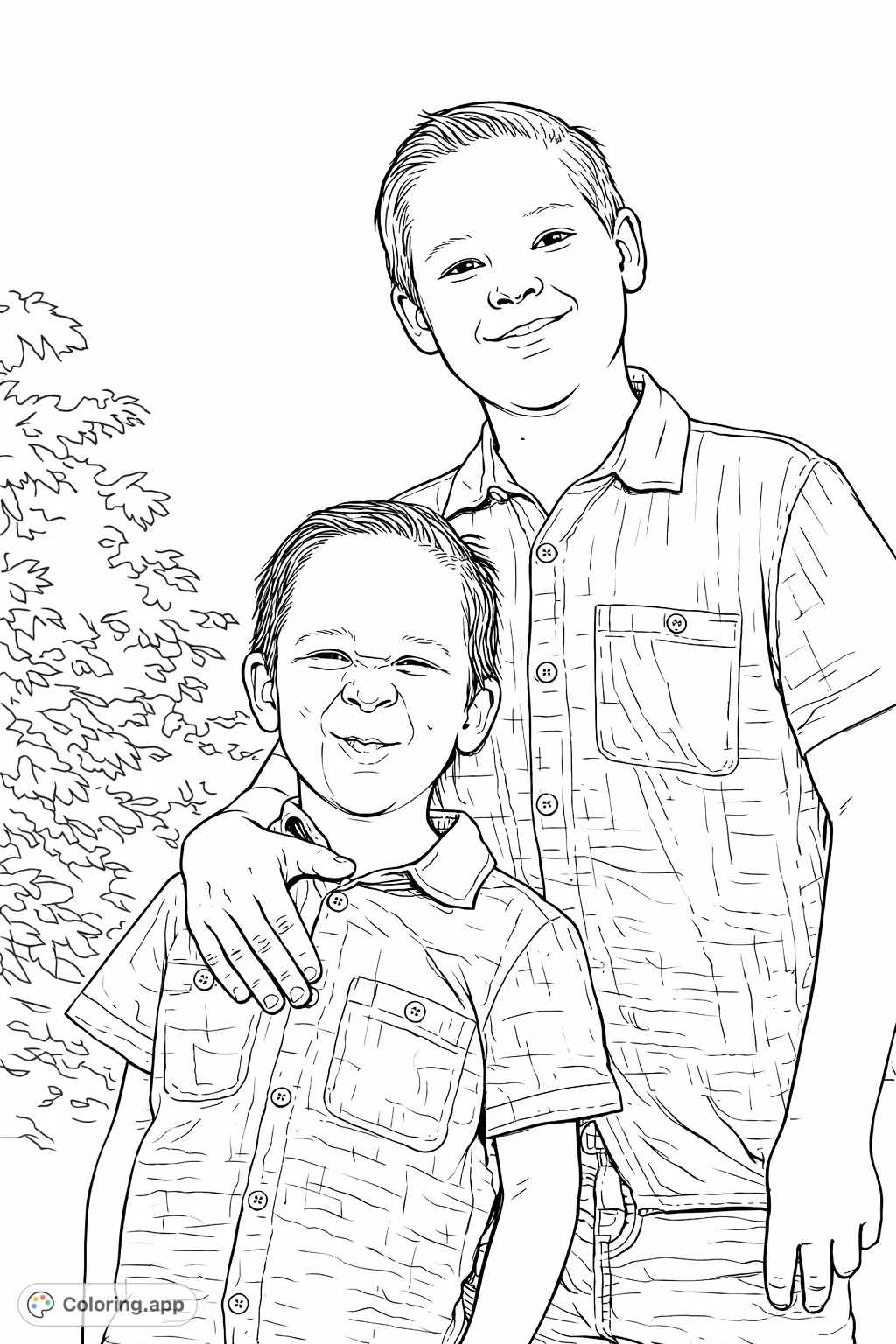 An engaging coloring page featuring two happy boys, one with a playful expression, posing outdoors with natural foliage. Perfect for family themes.