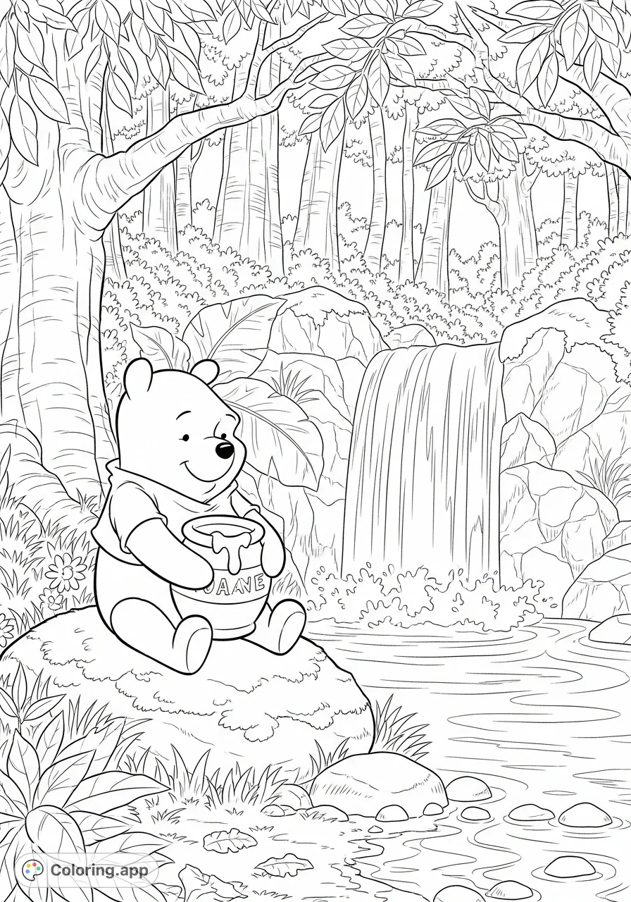 Join Winnie the Pooh by a serene waterfall in the Hundred Acre Wood. A charming scene for a relaxing forest coloring page adventure!