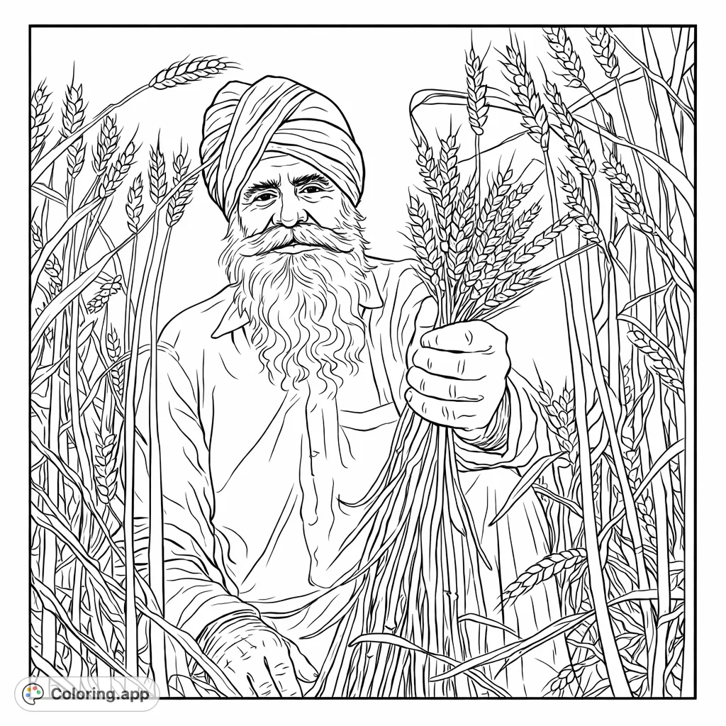 A serene elderly man with a long beard stands in a dense wheat field, holding a harvest bundle. Celebrate the beauty of agriculture and rural life.