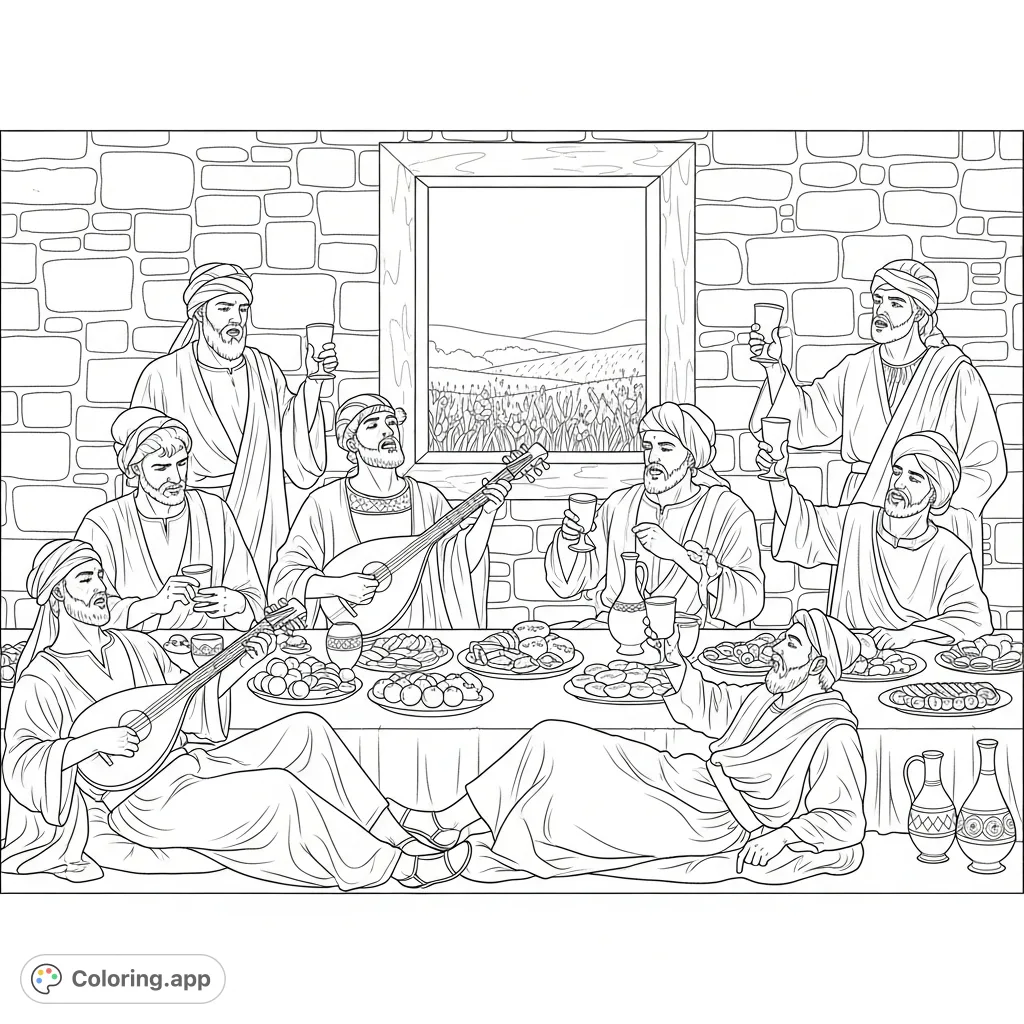 An elaborate Ancient Near East banquet featuring robed men reclining around a table with food, wine, and music. A detailed stone wall and open window frame the scene.