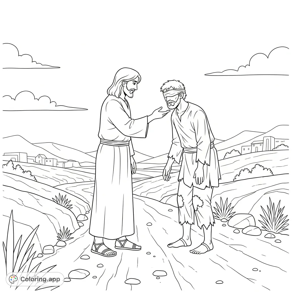 A profound Jesus healing coloring page depicting a compassionate moment on an ancient Israel road. Perfect for reflection and creative expression.