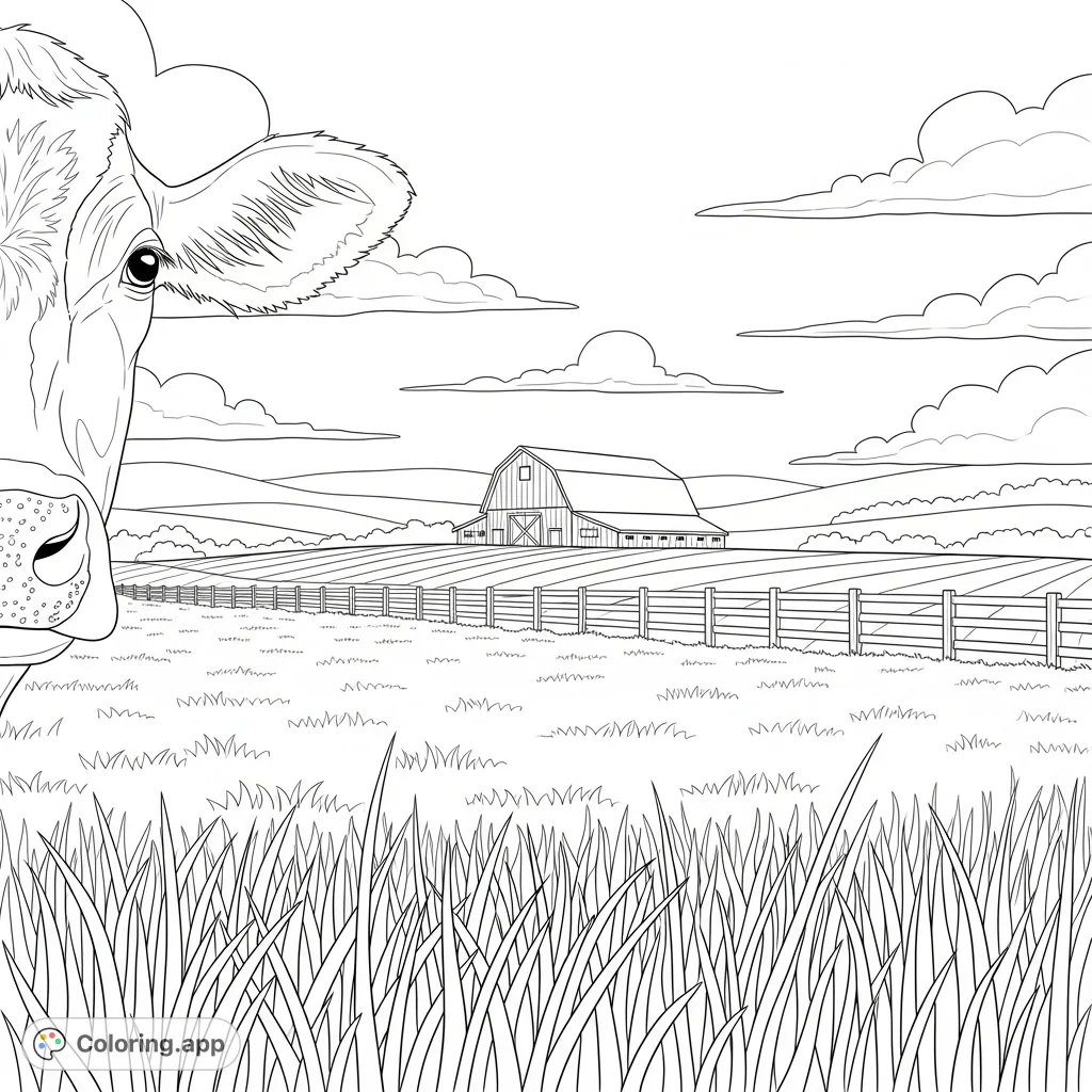 Experience a serene farm morning from a cow's view, with tall grass, a distant barn, rolling hills, and an expansive sky, perfect for relaxation.