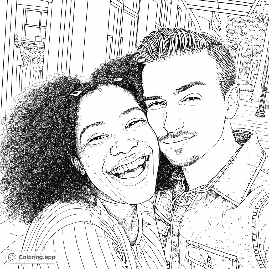 Capture the warmth of a loving embrace with this joyful couple coloring page. Features detailed hair, textured clothing, and a subtle urban background.