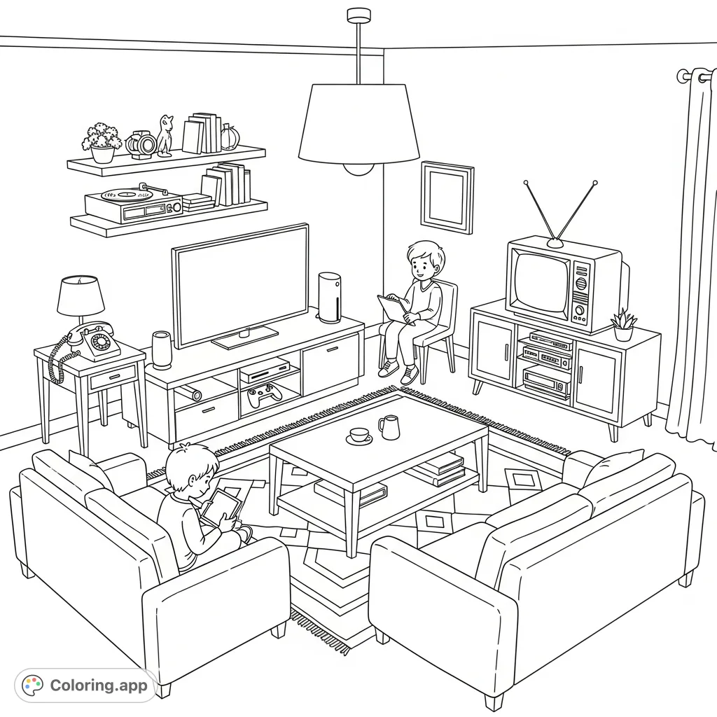 Explore a cozy living room filled with diverse technologies, from sleek modern gadgets to nostalgic vintage devices, perfect for a fun exploration.