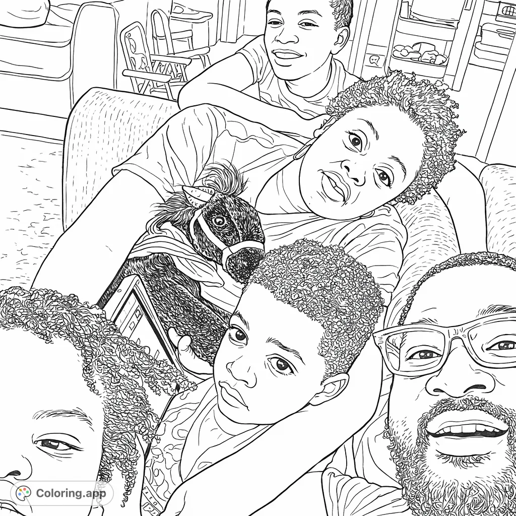 Capture heartwarming family moments with this engaging coloring page featuring a multi-generational group portrait, perfect for creative relaxation.