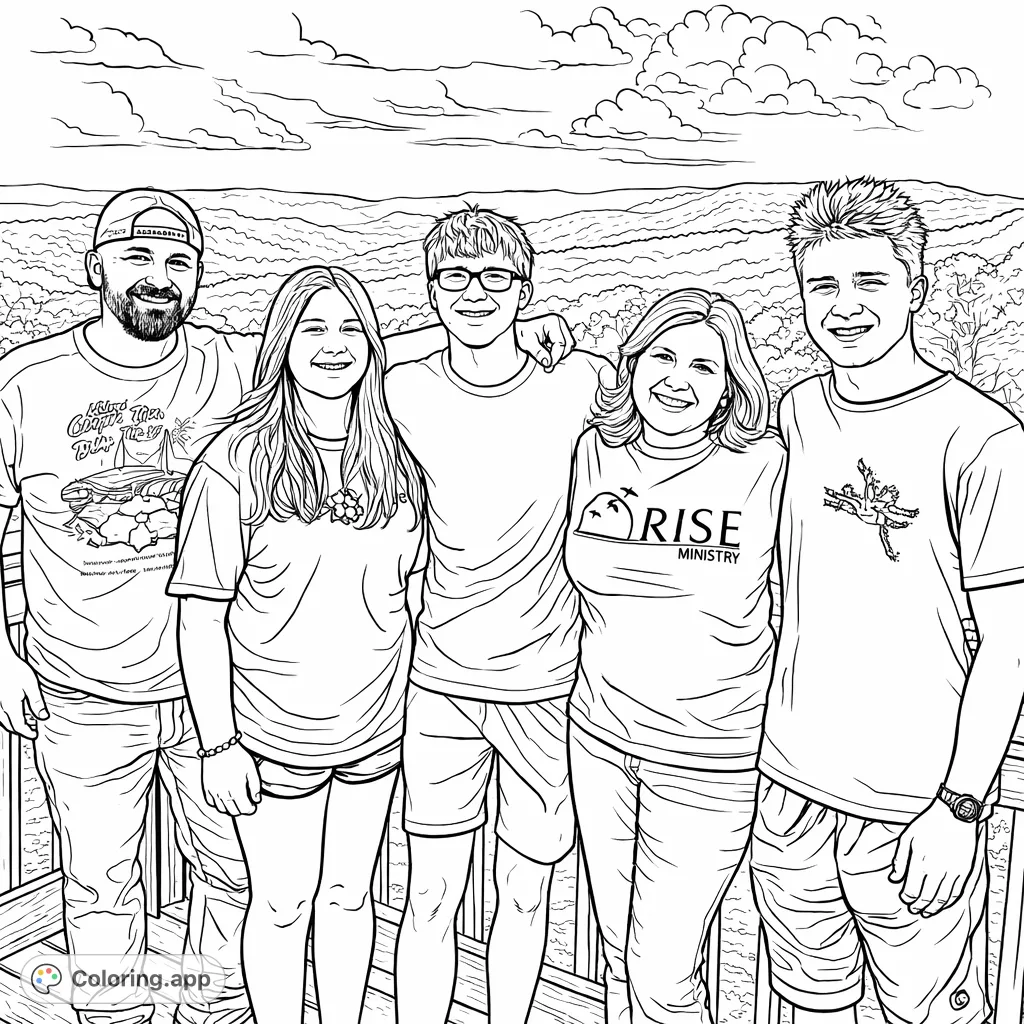 A smiling family of five stands together on a deck overlooking a vast mountain landscape, perfect for a heartwarming family-themed coloring adventure.