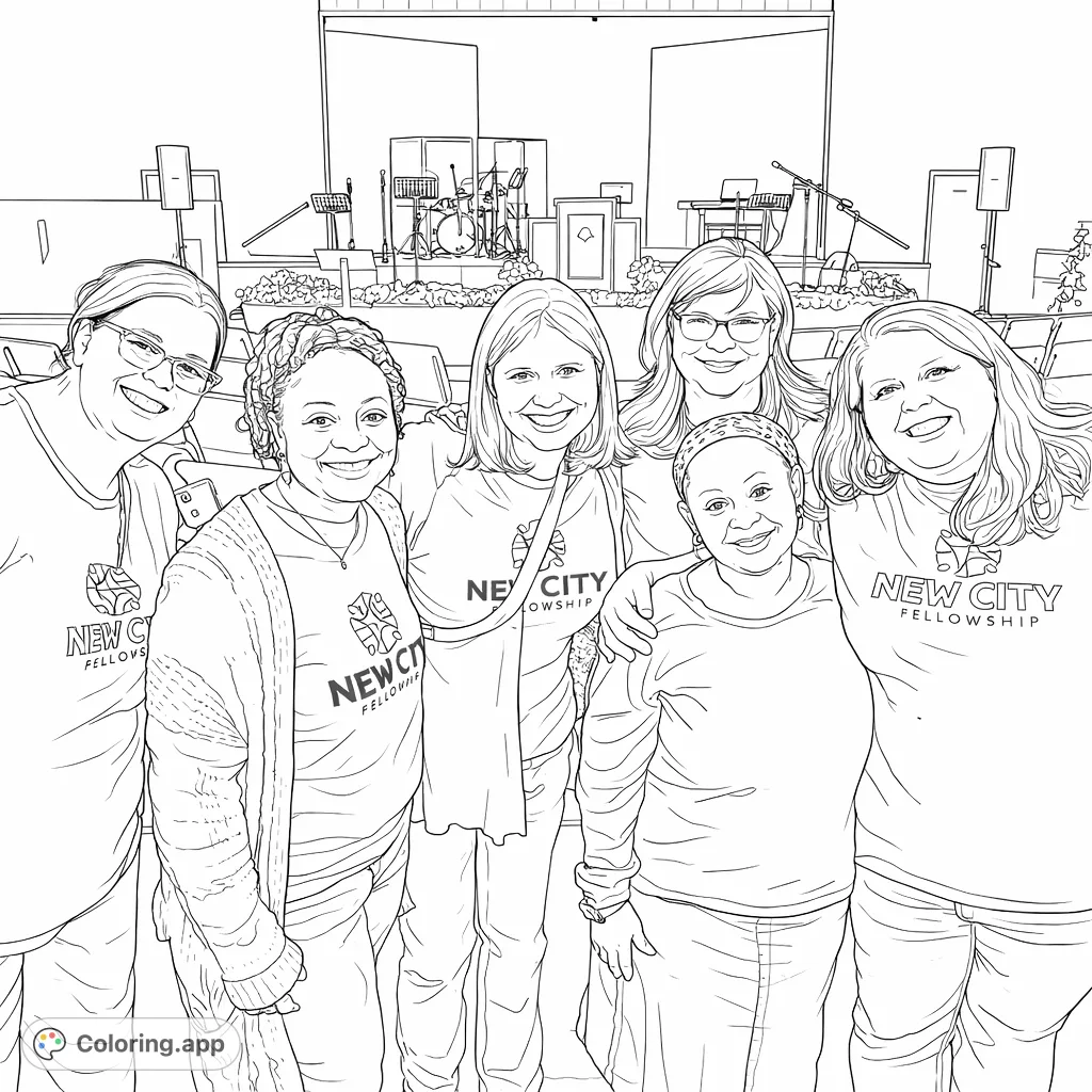 A heartwarming coloring page featuring six smiling women from a community fellowship group, posing together in a church hall. Perfect for celebrating friendship and unity.