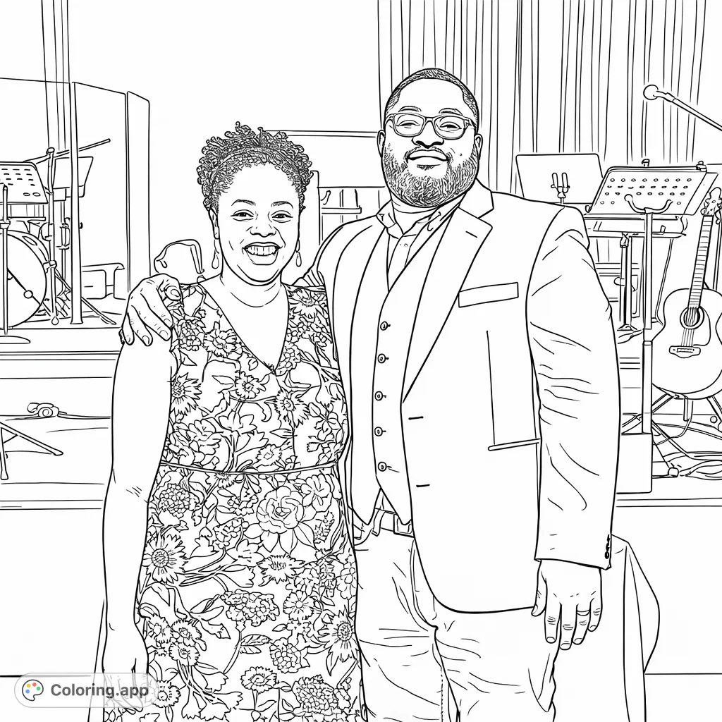 A joyful couple stands on stage, surrounded by musical instruments and a floral dress, offering a detailed and engaging coloring experience.