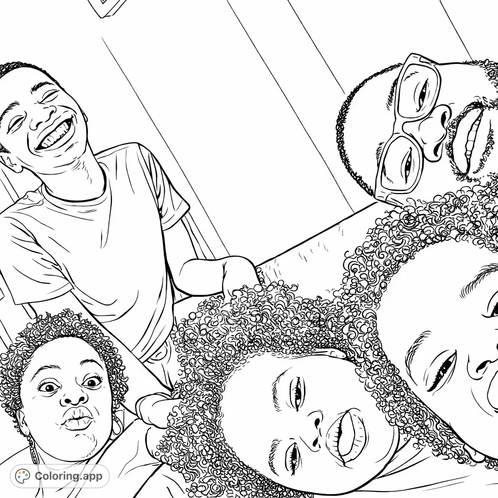 Capture a heartwarming family moment with this fun selfie coloring page. Five individuals with playful expressions, perfect for bringing a lively scene to life.