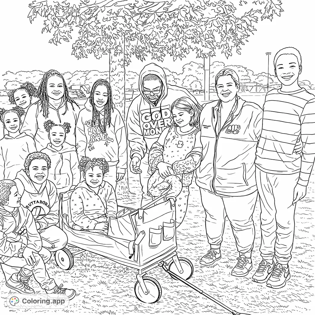 Celebrate community with this lively group gathering coloring page. Featuring a diverse group of children and adults enjoying an outdoor day together.