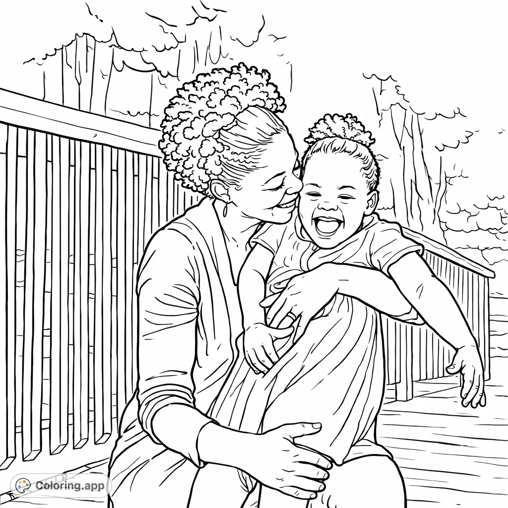 A heartwarming scene of a woman embracing a playful child, set outdoors with a wooden railing background. Perfect for family coloring page enthusiasts.