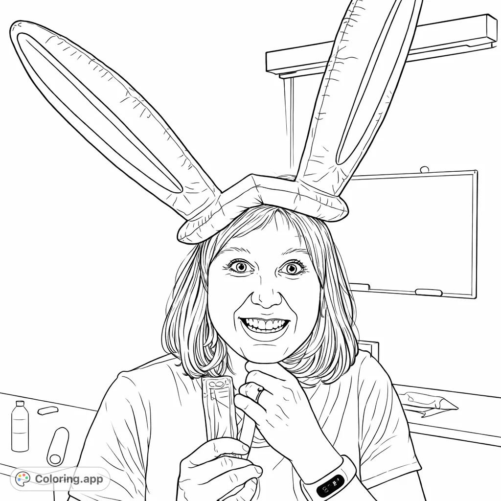 Capture the fun with this joyful person wearing inflatable bunny ears, holding a sweet treat. Perfect for celebrating playful moments!