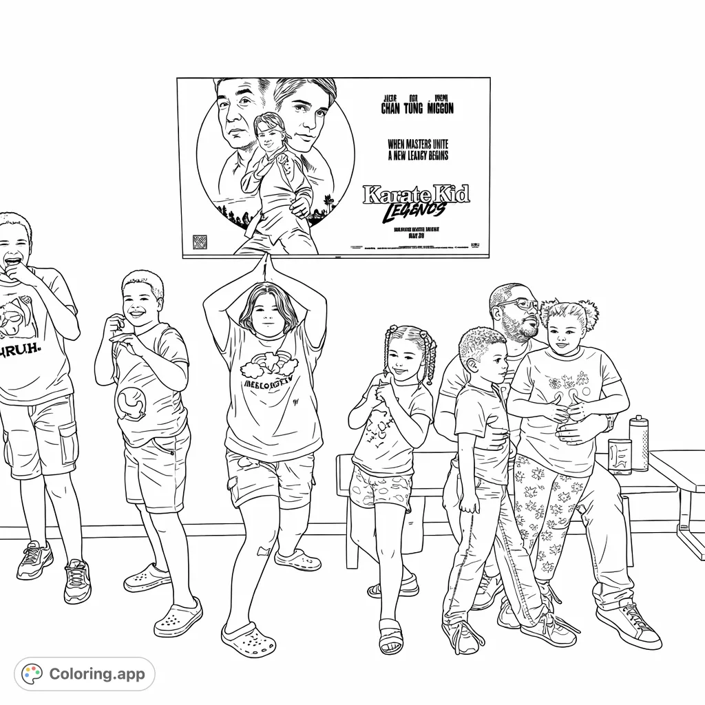 A fun karate-themed coloring page featuring children striking various martial arts poses and a family enjoying time together, with a movie poster in the background.