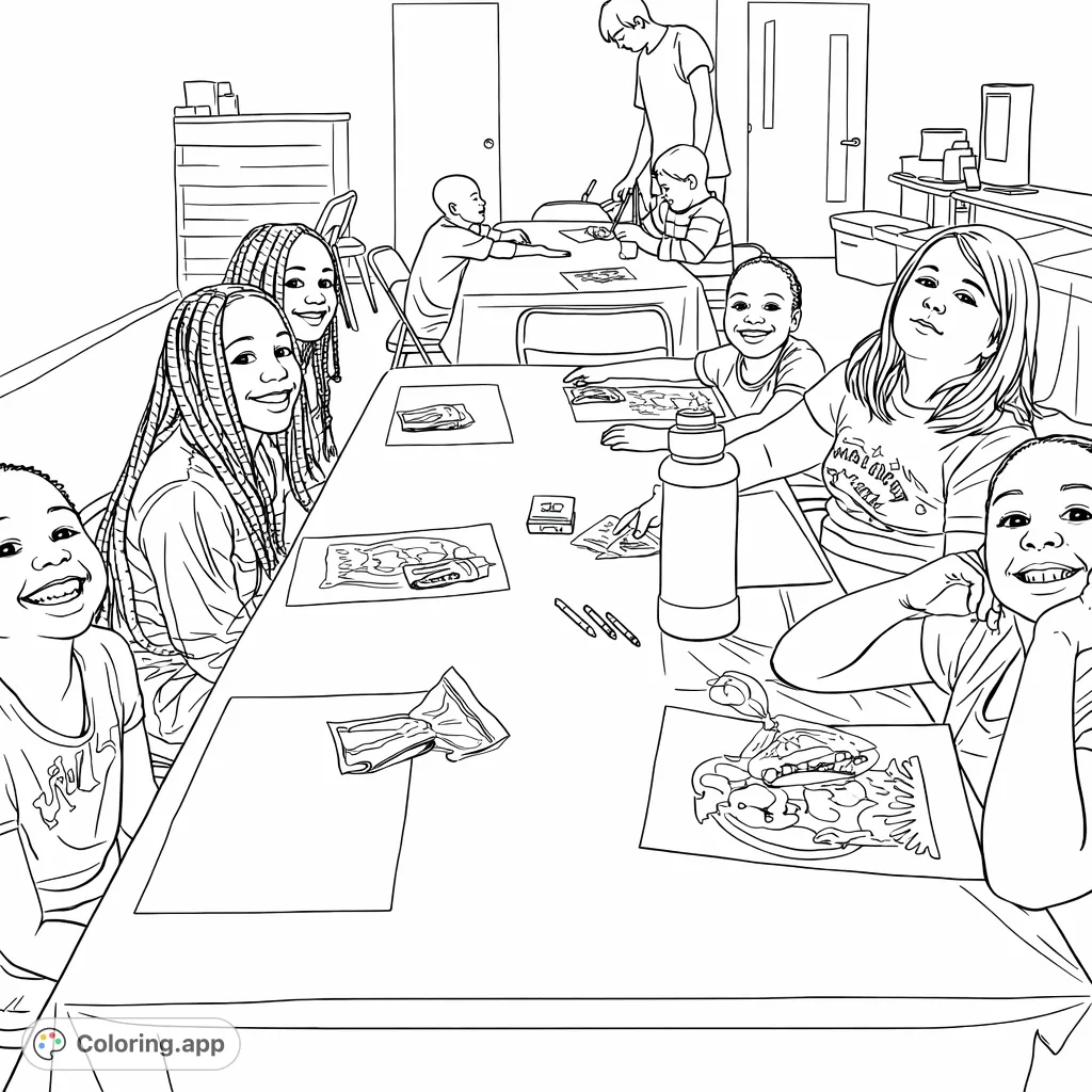 Gather with friends for a fun creative session! This coloring page captures children enjoying art activities together, perfect for inspiring young artists.