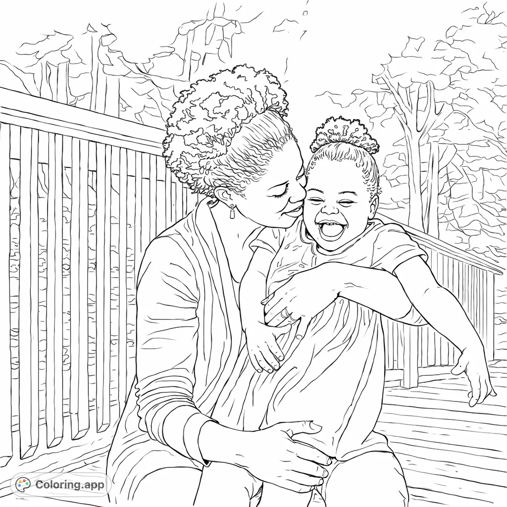 A heartwarming mother and child coloring page, capturing a moment of playful joy and affection. Perfect for all ages to express creativity and love.