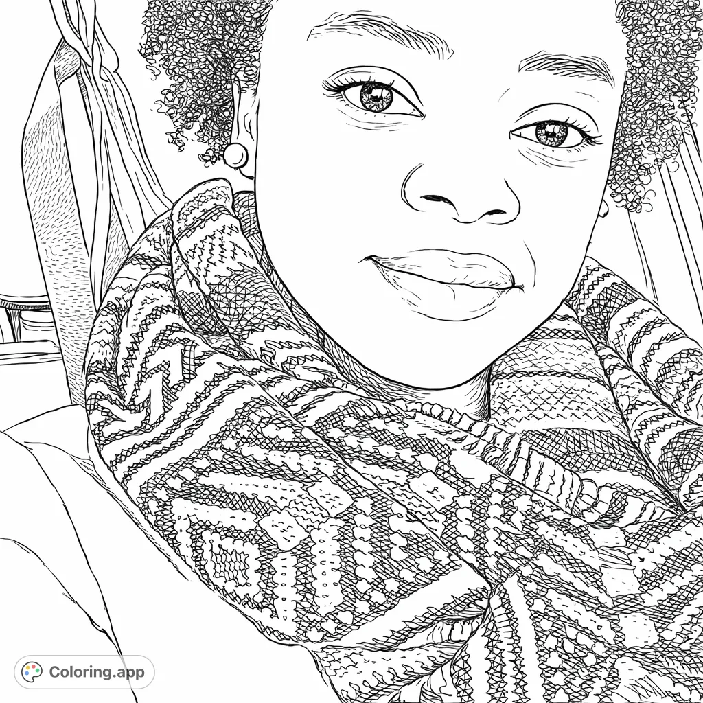 A captivating portrait featuring a person with curly hair and a striking, geometrically patterned scarf, offering a blend of detailed features and intricate designs to color.