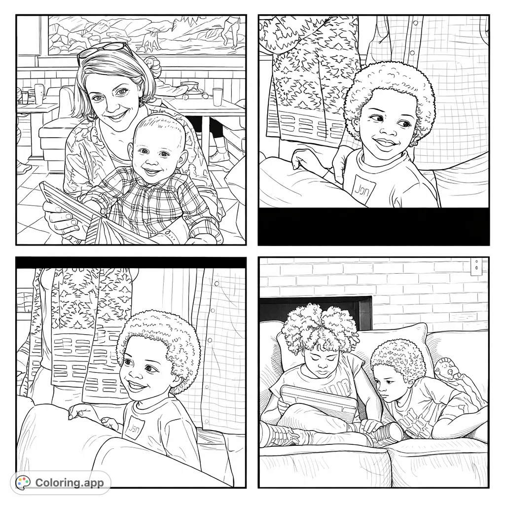 Two happy children with curly hair on a cozy sofa, engaged in playtime. One with a tablet, the other with a bottle. A charming scene for young colorists.