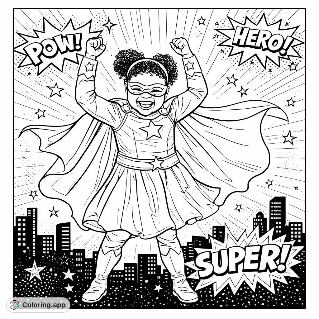Celebrate a child's inner superhero with this dynamic coloring page! A young hero strikes a powerful pose, ready for action and adventure.