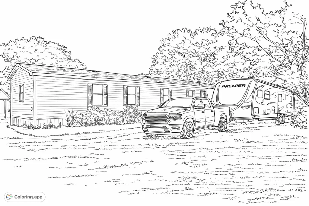 Color a detailed scene featuring a suburban house, a modern pickup truck, and a travel trailer, set against a backdrop of trees and an open sky.