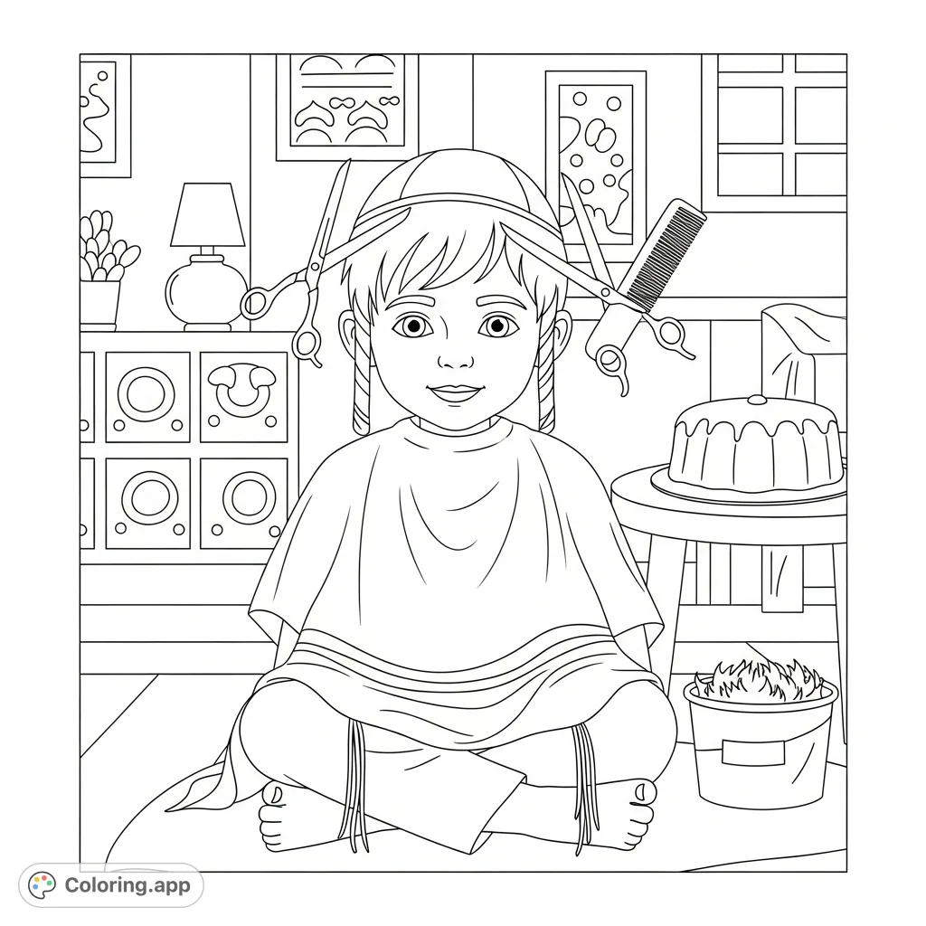 Celebrate the heartwarming Jewish tradition of Upsherin with this detailed coloring page featuring a boy in traditional attire getting his first haircut.