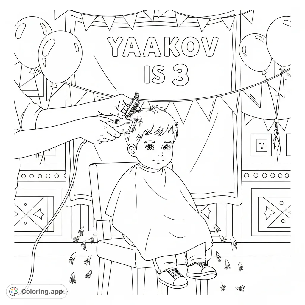 Celebrate Yaakov's special upsherin with this festive coloring page, featuring the text "Yaakov is 3" amidst party decorations.