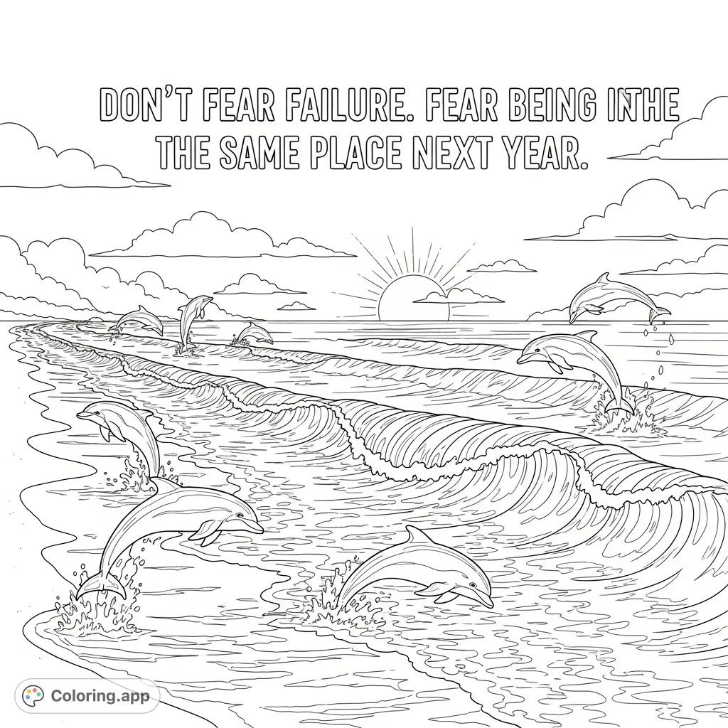 Dive into this uplifting beach coloring page featuring majestic dolphins leaping over ocean waves and an inspiring quote to ignite your motivation. Perfect for all ages!