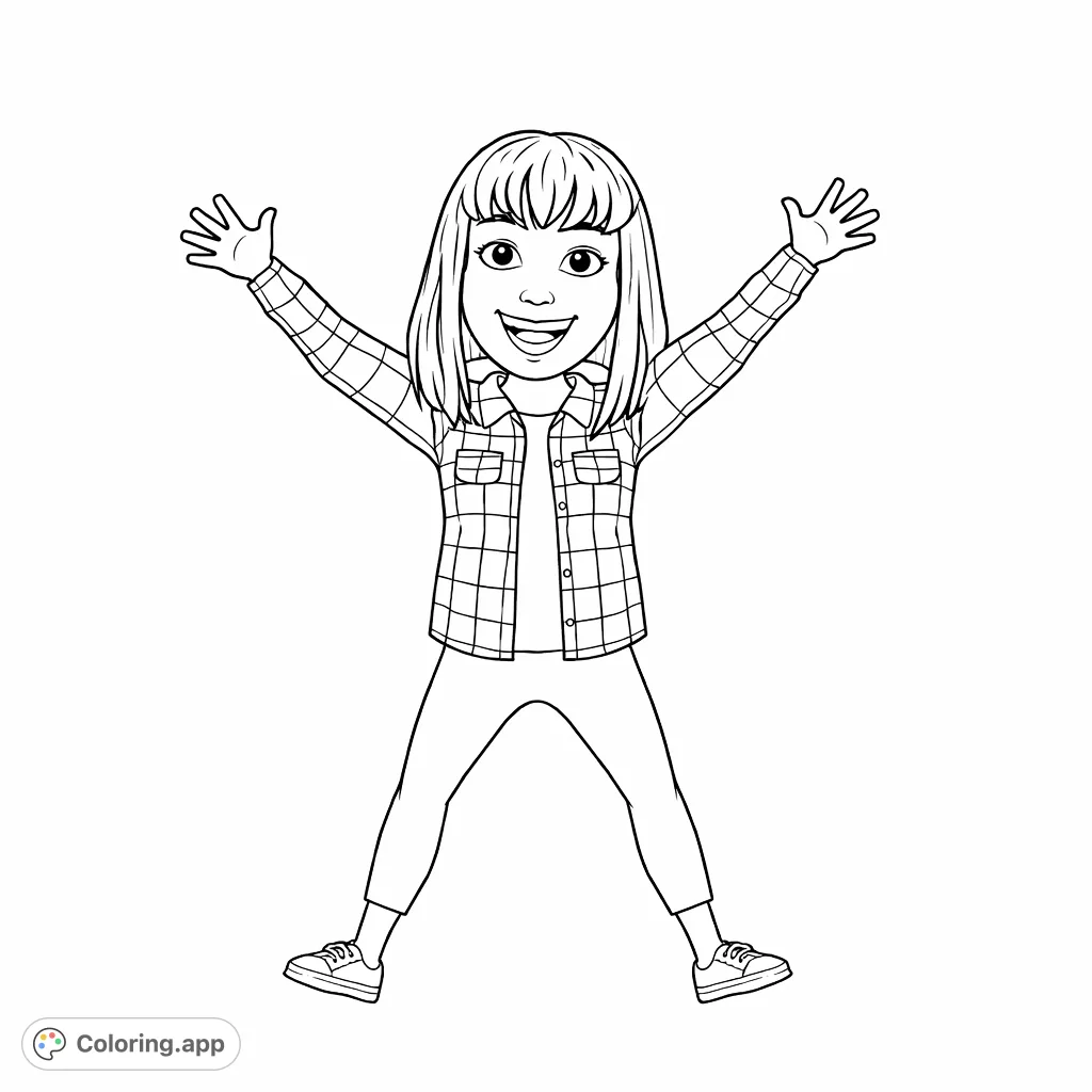 A cheerful avatar character with arms and legs spread wide in a dynamic, star-like pose, ready for a burst of color and creativity on this fun coloring page.