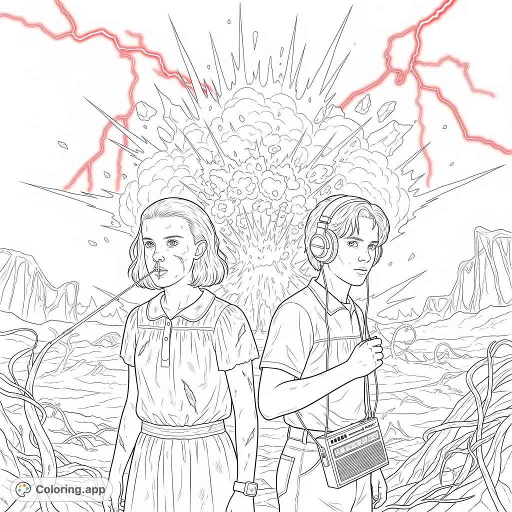 Experience an intense Stranger Things coloring page featuring Eleven and Max in the Upside Down, an explosion behind them, capturing a moment of raw power and survival.