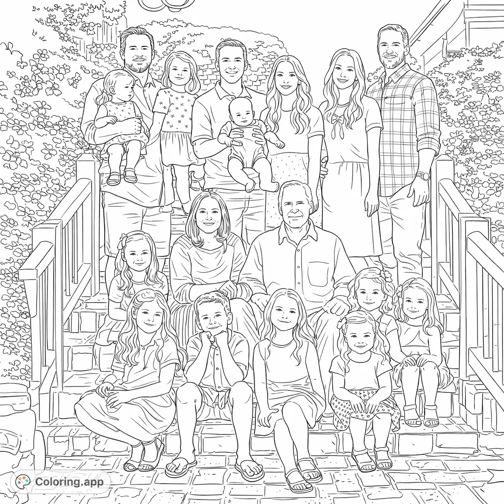 A detailed multi-generational family portrait posed on outdoor stairs, featuring adults, children, and infants amidst lush garden foliage. A heartwarming scene.