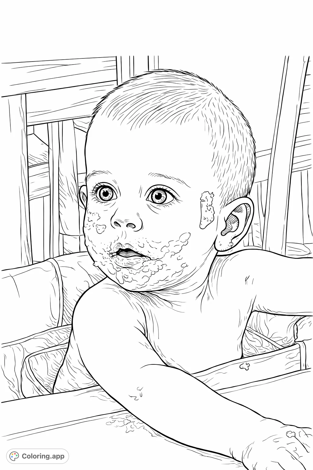 Adorable baby seated in a high chair, covered in mealtime remnants, with wide, curious eyes. A heartwarming scene ready for your creative touch.