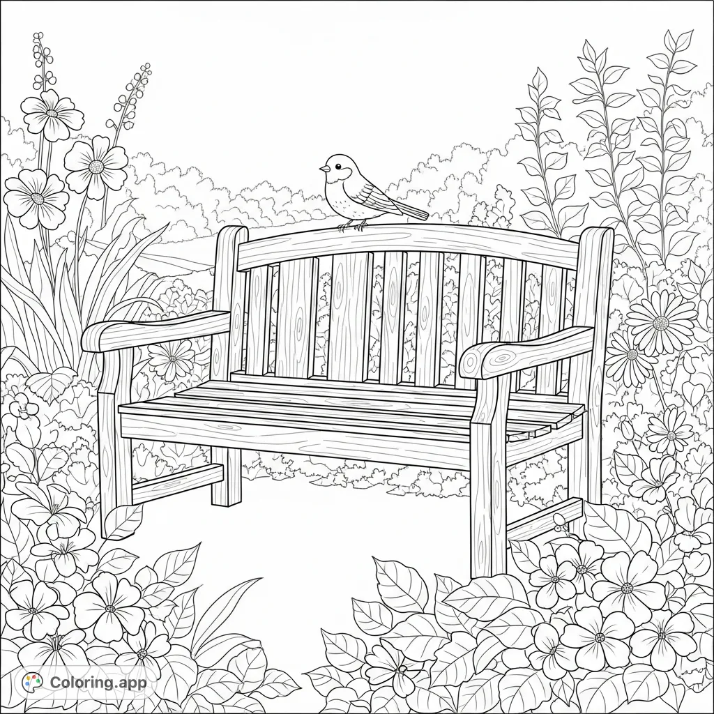 Colourable Bench Garden Bench and Friendly Bird - Coloring.app