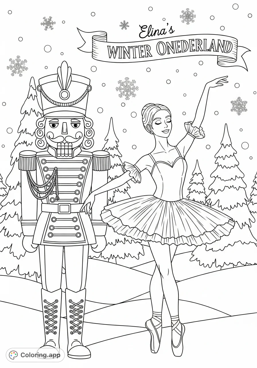 Experience the magic of a winter wonderland with a poised Nutcracker and graceful Ballerina. Perfect for a festive Elina's Winter Onederland coloring page adventure!