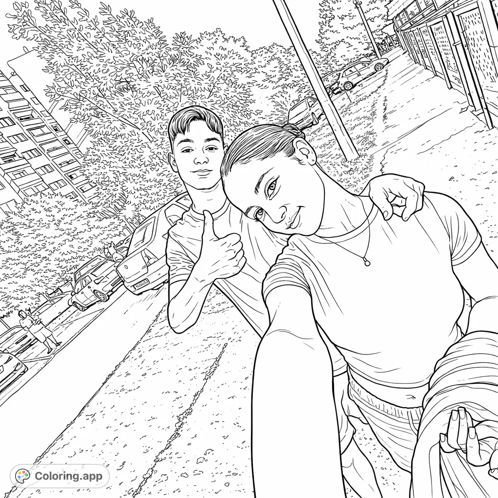 Capture an urban street scene with two friends posing for a selfie, featuring detailed city elements and a dynamic background for creative coloring.