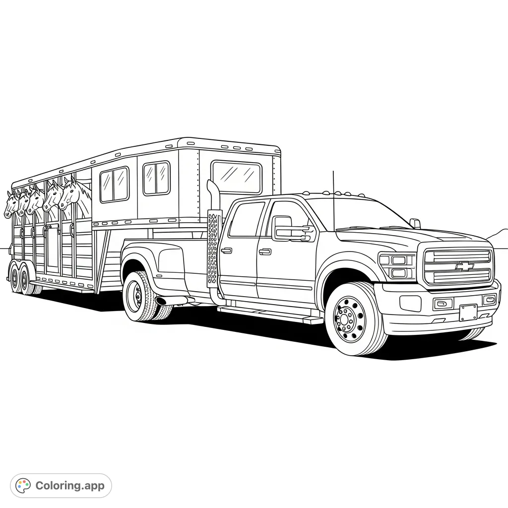 Color a mighty Dually truck with a diesel engine, hauling a detailed horse trailer. Features horses peeking out, perfect for vehicle and animal enthusiasts.