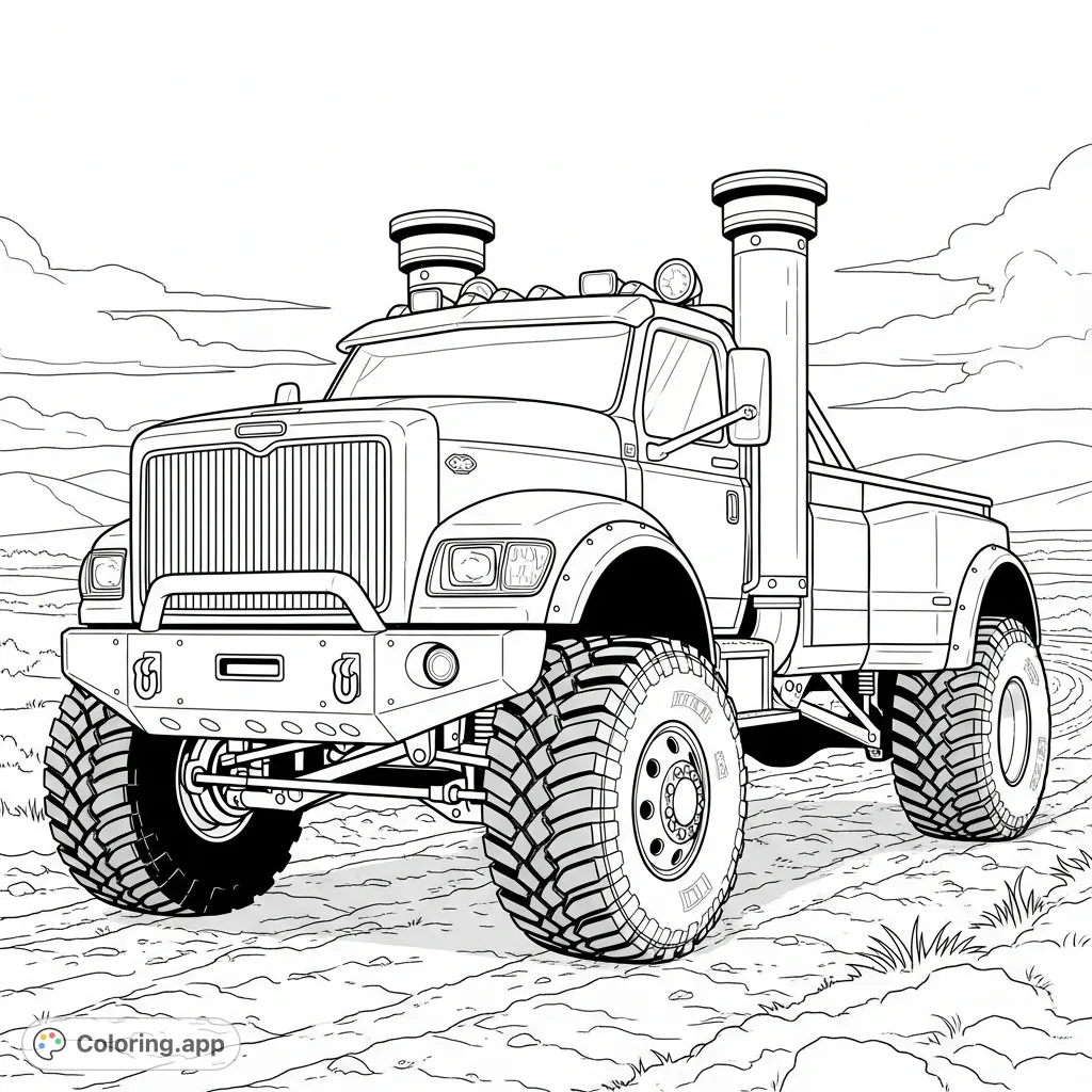 Color this powerful dually off-road truck with aggressive features, massive tires, and distinctive capped smoke stacks. A thrilling scene for truck enthusiasts of all ages.
