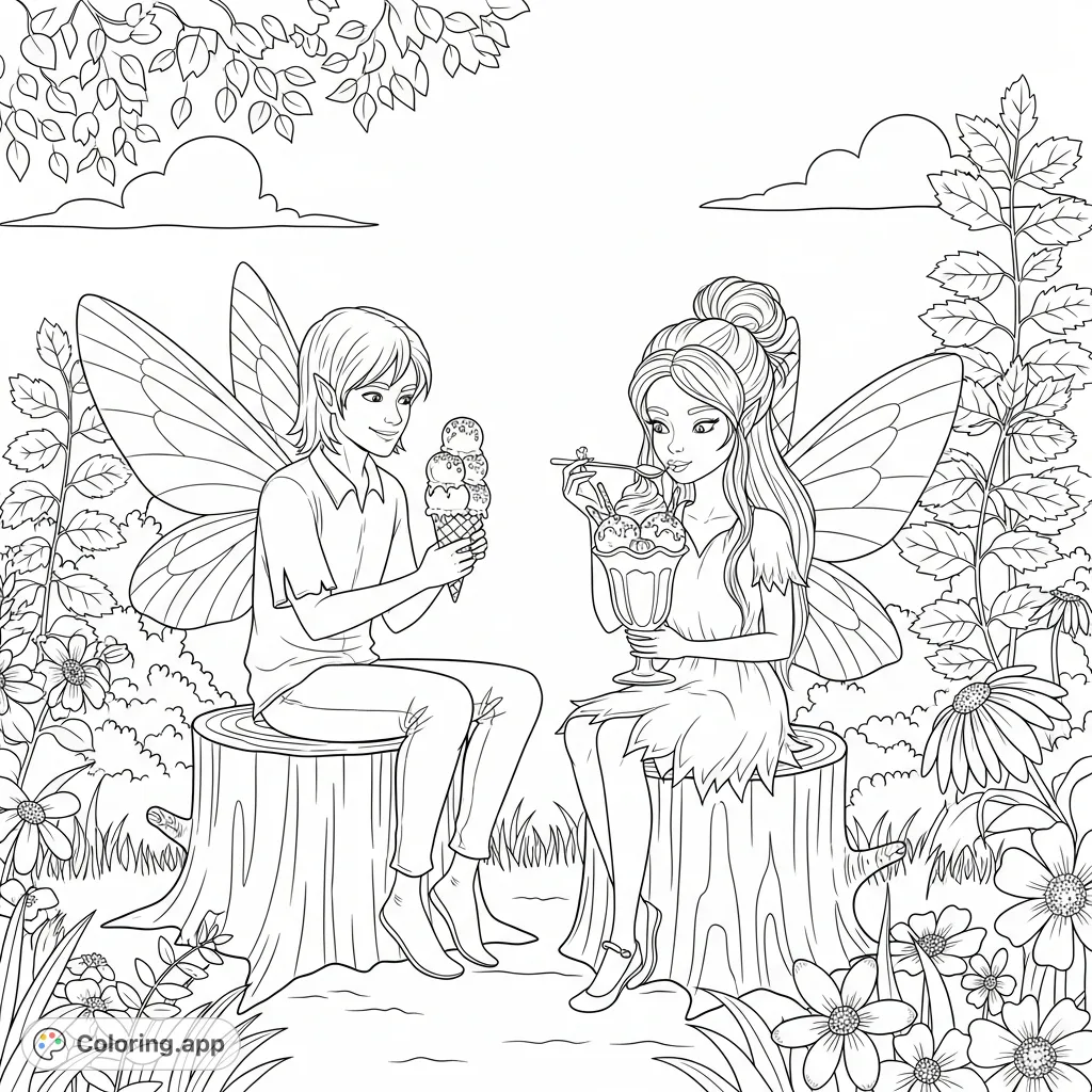 Two delightful fairies, a male with an ice cream cone and a female with a sundae, share a sweet moment on log seats in a whimsical summer setting.