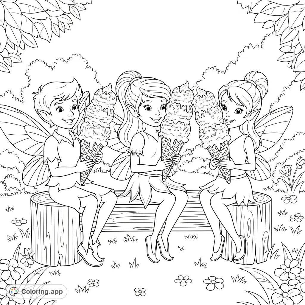 Three delightful male and female fairies enjoy ice cream cones on log seats on a joyful summer day. A whimsical scene perfect for a magical escape.