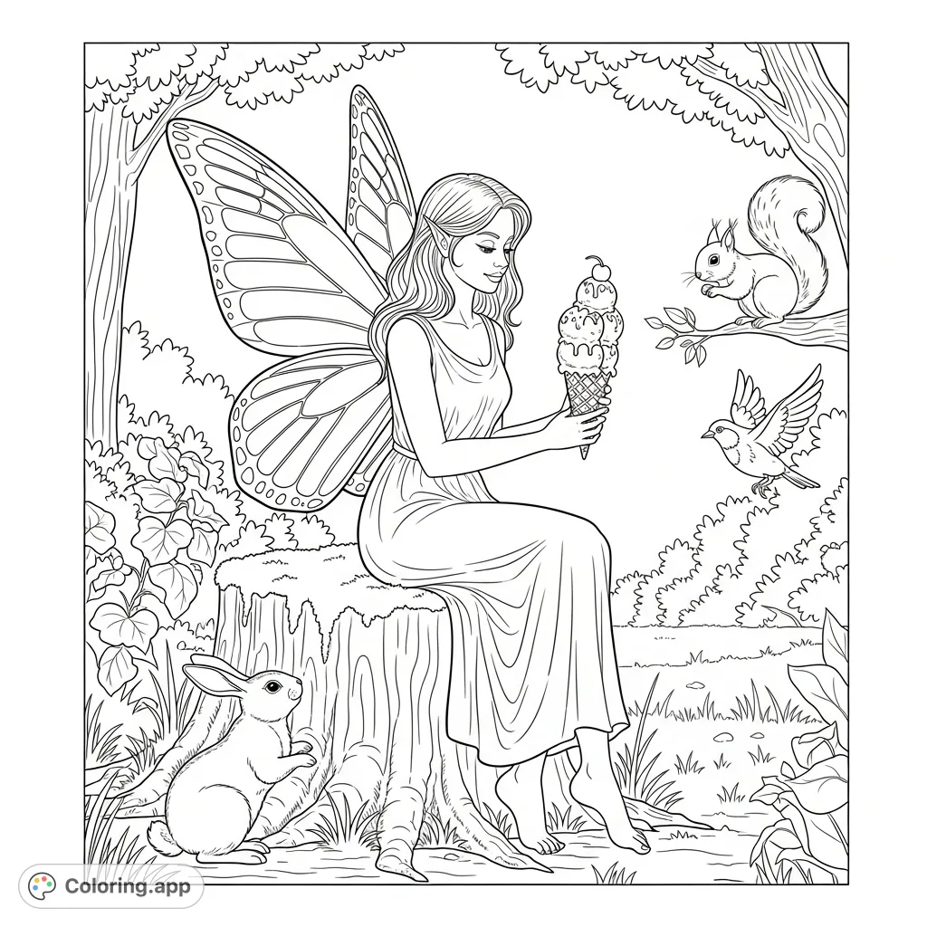 A whimsical fairy with butterfly wings enjoys an ice cream cone with her charming animal companions in a magical forest. A delightful free printable fairy coloring page.