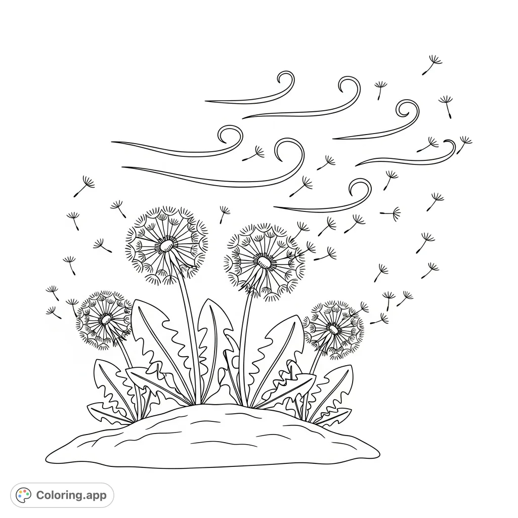 A simple, serene coloring page featuring dandelion plants with fluffy seed heads dispersing airborne seeds on a gentle windy day. Perfect for mindful coloring.