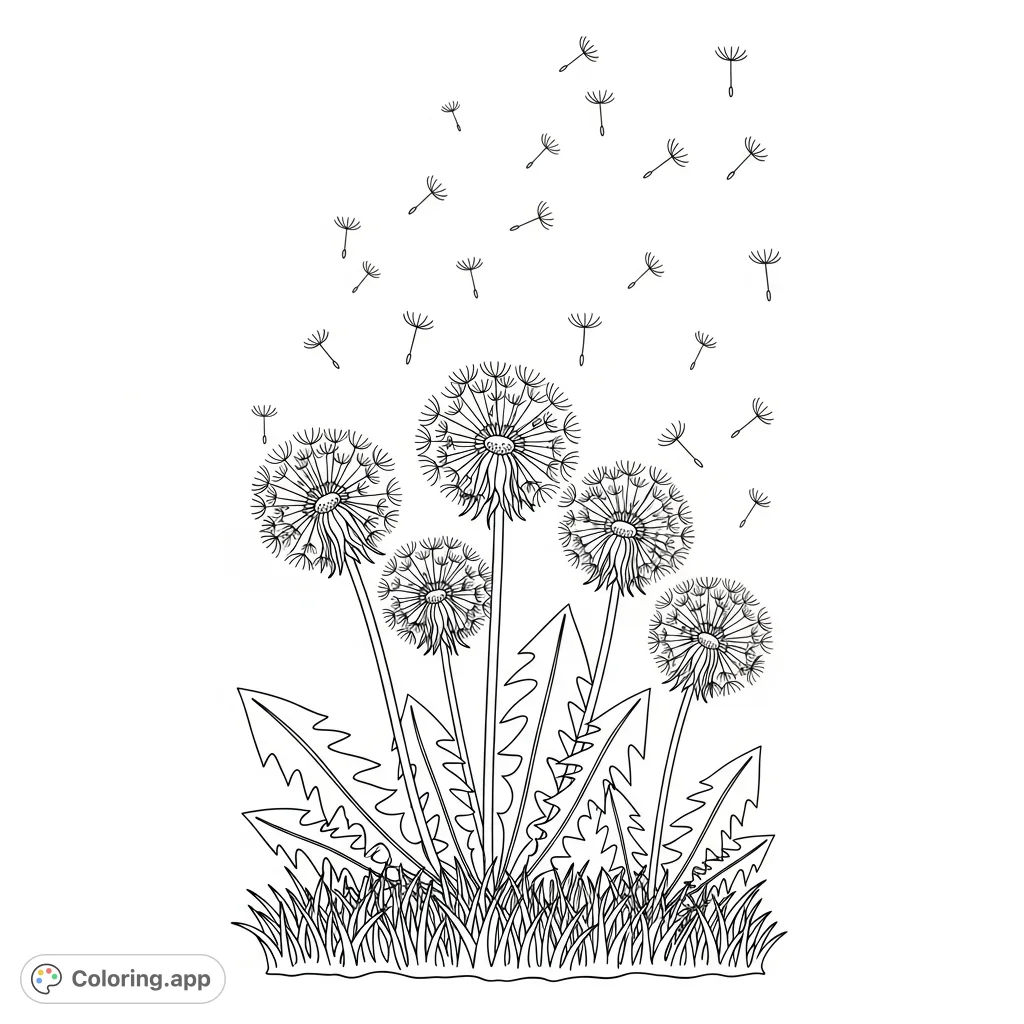 A tranquil dandelion coloring page capturing delicate plants and their seeds floating on the breeze above soft grass. Perfect for relaxation and nature lovers.