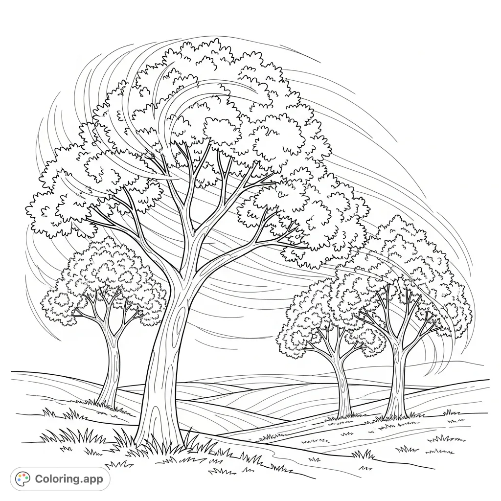 Discover a peaceful wind-swept landscape coloring page featuring gently swaying trees on rolling hills. Perfect for relaxation and creative expression!