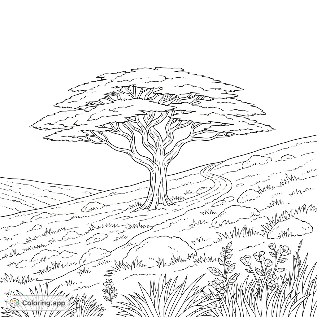 Capture the serene beauty of a windswept cypress tree on an undulating hillside with a winding path and scattered wildflowers. A calming nature scene.